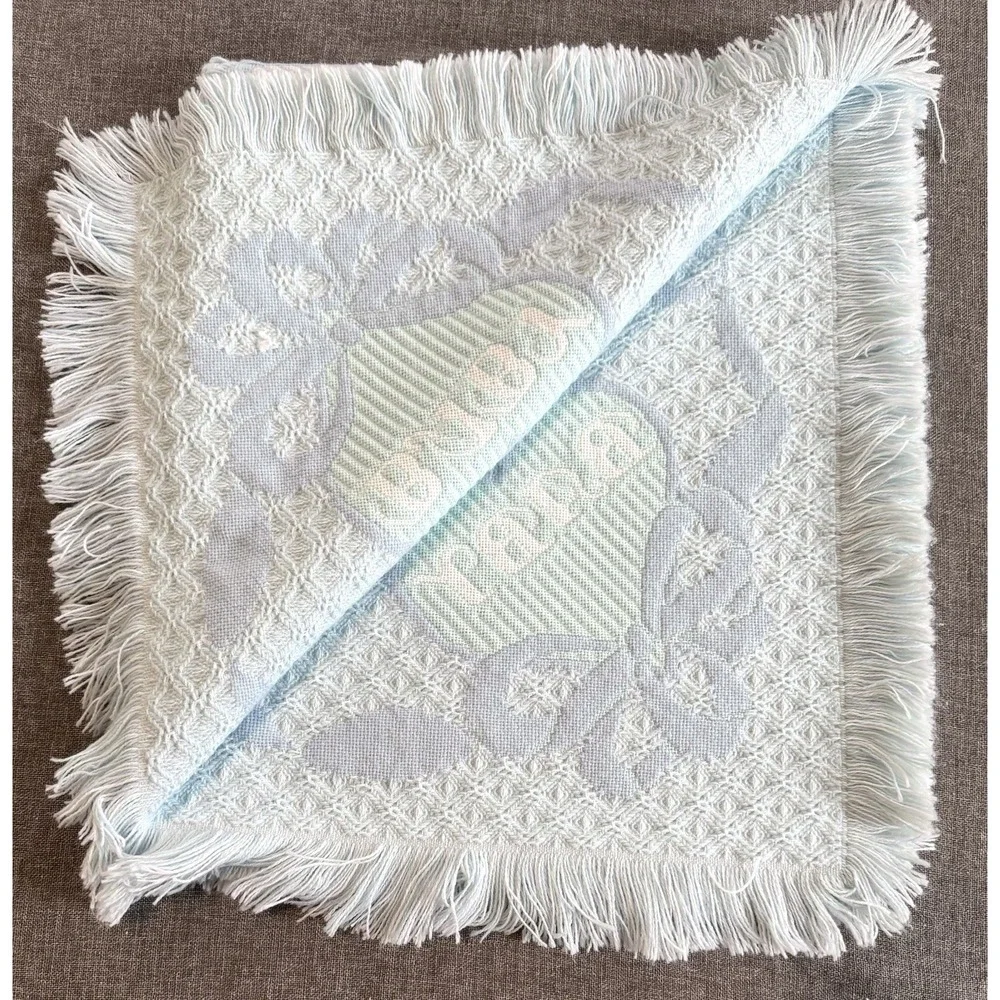 Vintage Baby Woven Throw Blanket Blue White Fringe Hearts Bows Nursery 34x32 80s